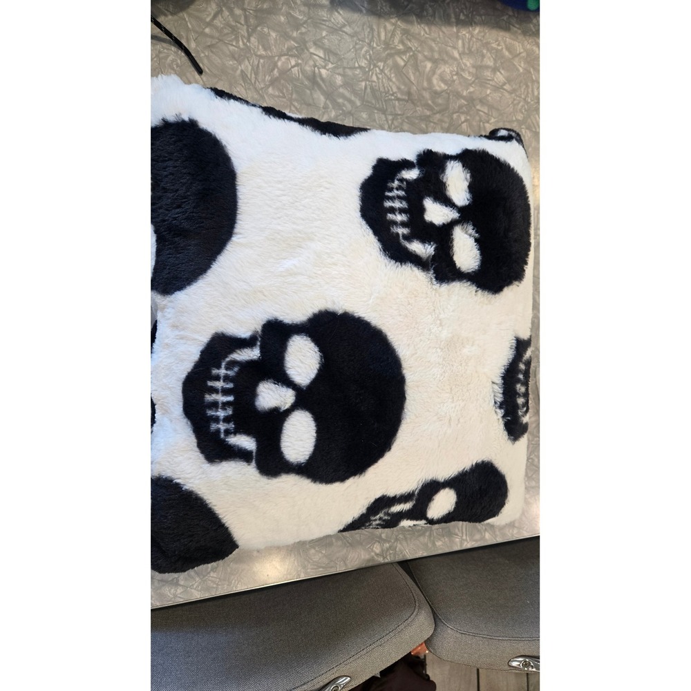 Rachel Zoe Faux Fur Skull Decorative Throw Pillow Black White Square 18x18